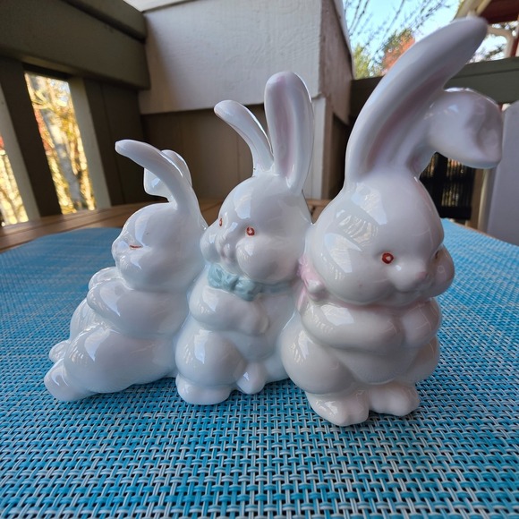 Other - Vintage Ceramic Bunny Figurine Trio White Rabbits Decor Cute Rabbits